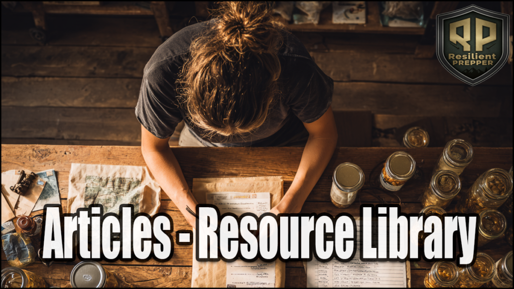 Person reading documents at a wooden table with jars and papers; "Articles - Resource Library" text highlights the collection of insightful articles, alongside the Resilient Prepper logo on the image.