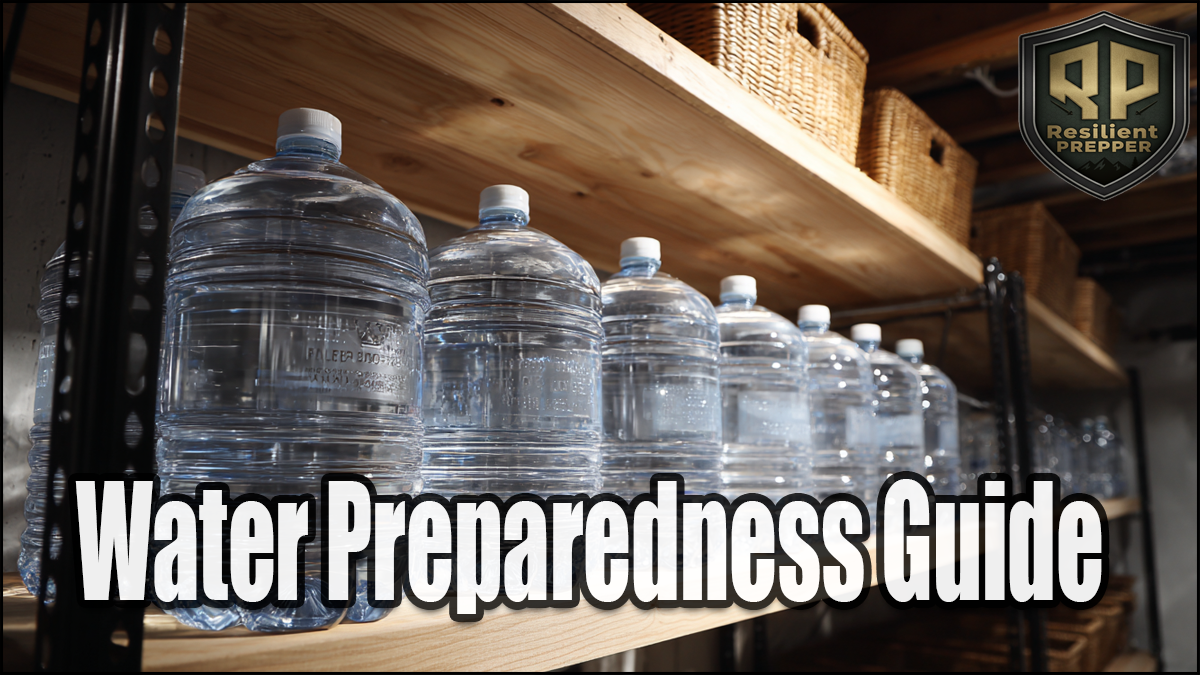 Large plastic water jugs lined up on a wooden shelf in a storage area highlight key water preparedness tips, with the text "Water Preparedness Guide" and the Resilient Prepper logo in the corner.