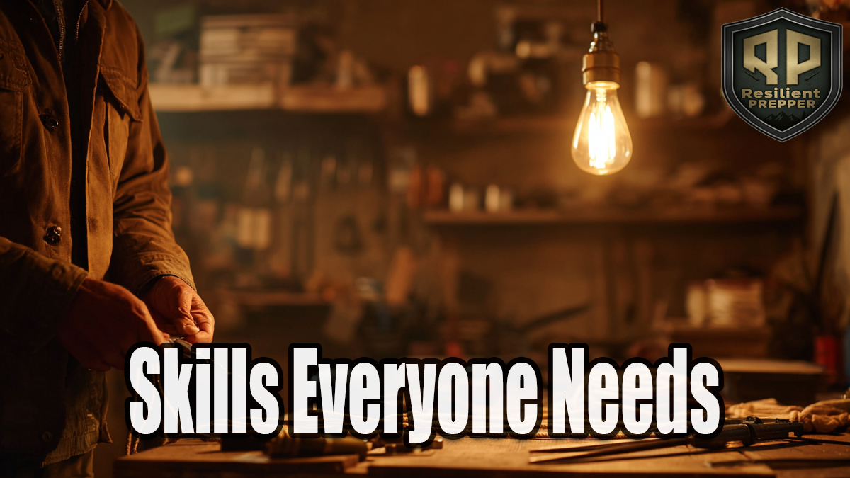 A person hones vital skills with tools in a workshop lit by a hanging bulb; text reads "Skills Everyone Needs" with a Resilient Prepper logo in the corner.