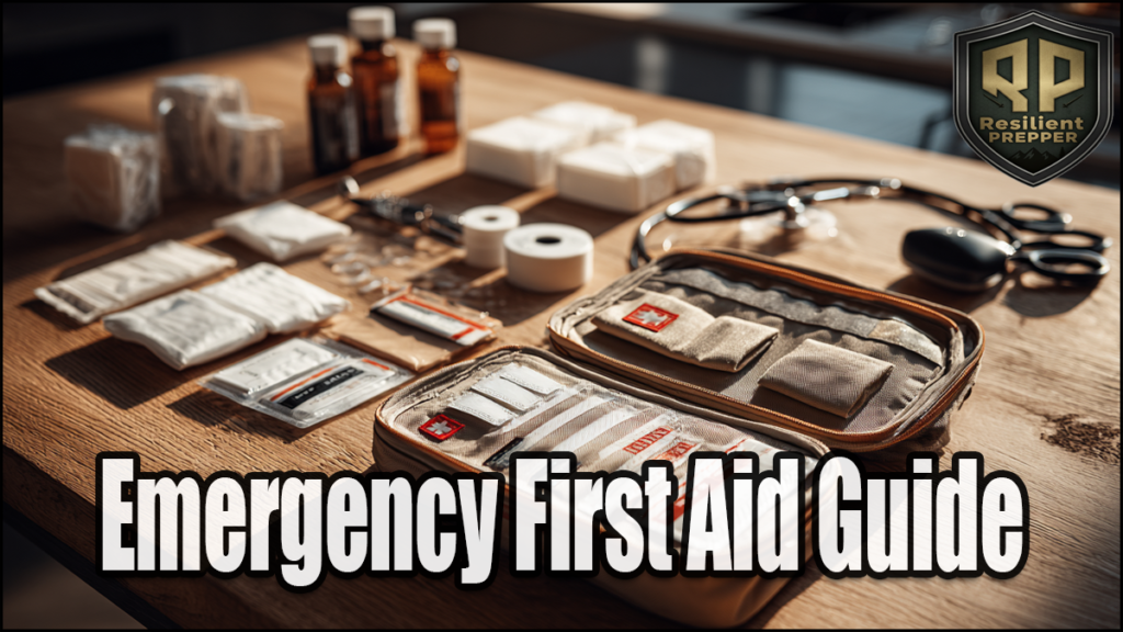 A first aid kit and essential medical supplies are organized on a table, featuring the text "Emergency First Aid Guide" and the Resilient Prepper logo in the corner.
