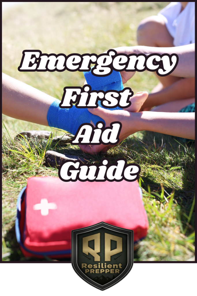 A person gives first aid by bandaging another's ankle outdoors; a red first aid kit lies nearby. Text reads "Emergency First Aid Guide" with the Resilient Prepper logo at the bottom.