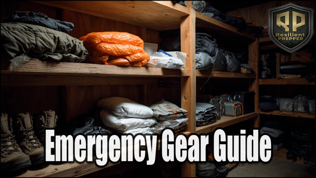 Wooden shelves display essential gear like boots, sleeping bags, and supplies; "Emergency Gear Guide" text and the Resilient Prepper logo are visible.