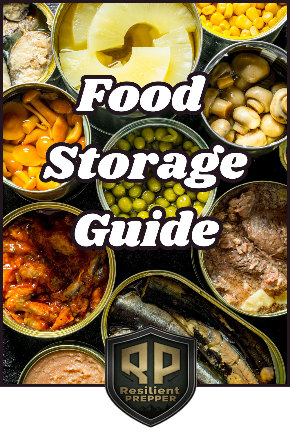Assorted open cans of preserved food with text overlay that says "Food Storage Guide" and a Resilient Prepper logo at the bottom.