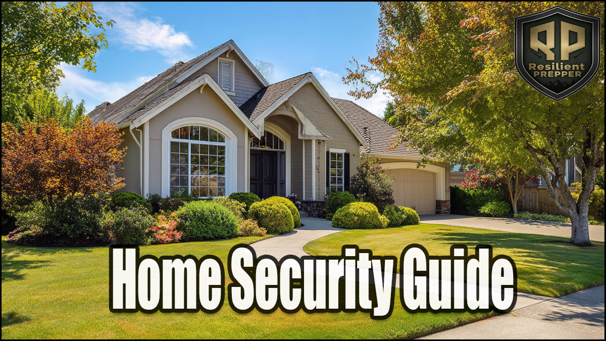 A suburban house with a well-kept lawn and garden, "Home Security Guide" text overlay, highlighting essential security tips, with the Resilient Prepper logo in the corner.