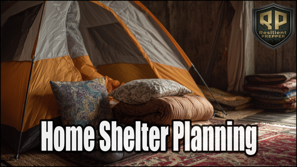An indoor tent with pillows and blankets is set up for shelter; a "Resilient Prepper" badge and the text "Home Shelter Planning" highlight the importance of cozy indoor shelter preparations.