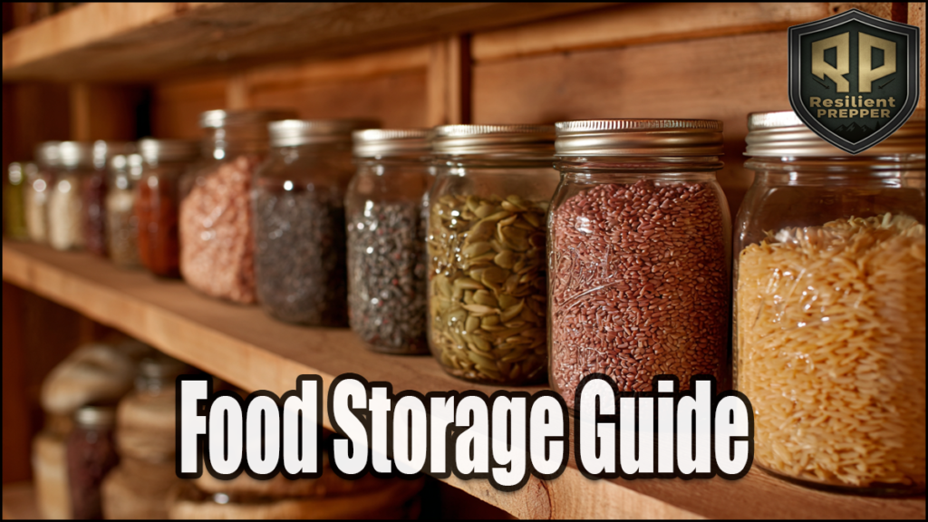 Glass jars filled with various dry foods are lined up on a wooden shelf with the text "Food Storage Guide" and a "Resilient Prepper" logo in the corner, offering inspiration for smart food organization.