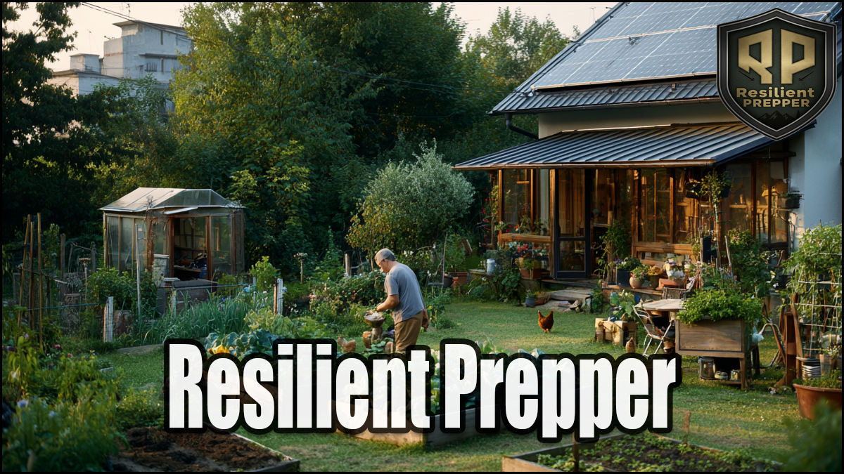 A resilient prepper tends to a thriving vegetable garden in a backyard beside a house with solar panels, greenhouse, and raised beds. Text reads “Resilient Prepper.”.