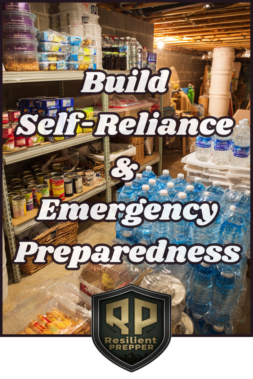 Storage room stocked with bottled water, canned food, and supplies, featuring the text: “Build Self-Reliance & Emergency Preparedness” and the Resilient Prepper logo—perfect for every resilient prepper ready for any situation.