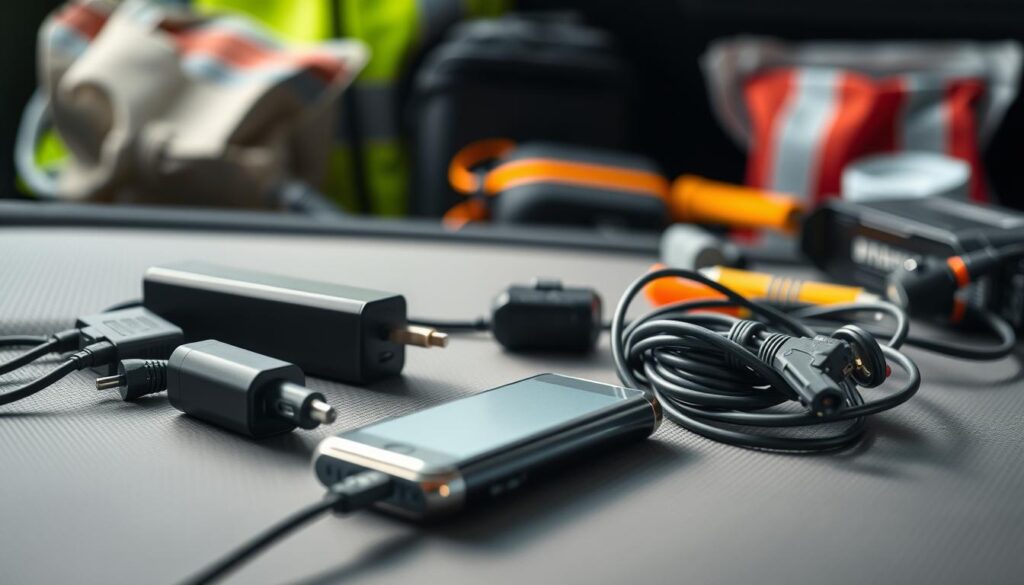 Cell phone chargers and portable power banks for roadside assistance supplies