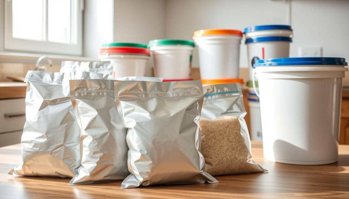 Mylar bags and food-grade buckets for long-term rice storage