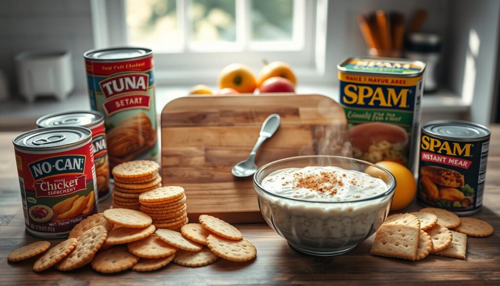 No-cook emergency meals with canned meat, crackers, and instant oats