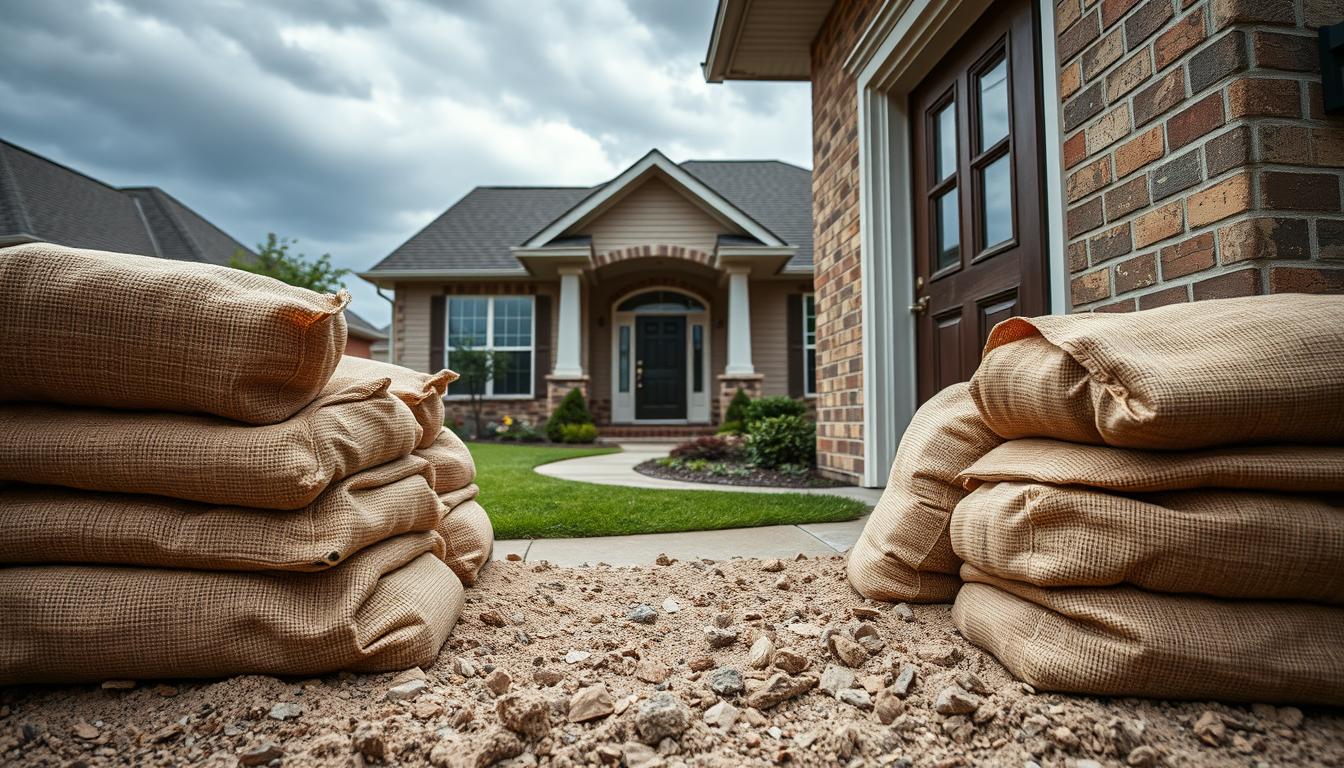 Strategic placement of sandbags for doorway protection around a home