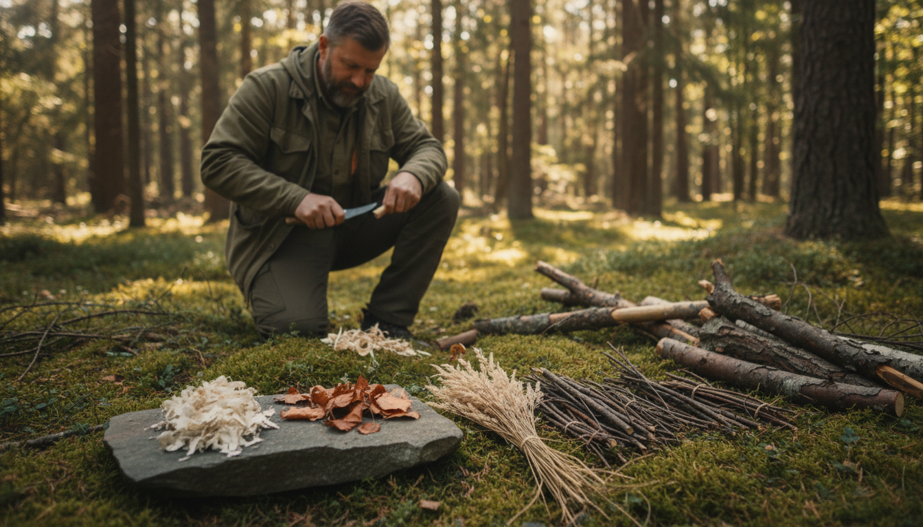 bushcraft fire building skills with tinder kindling and fuel preparation