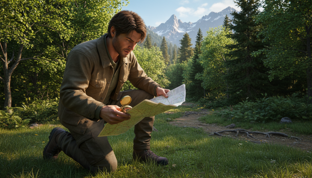 orienting a map with compass in the field