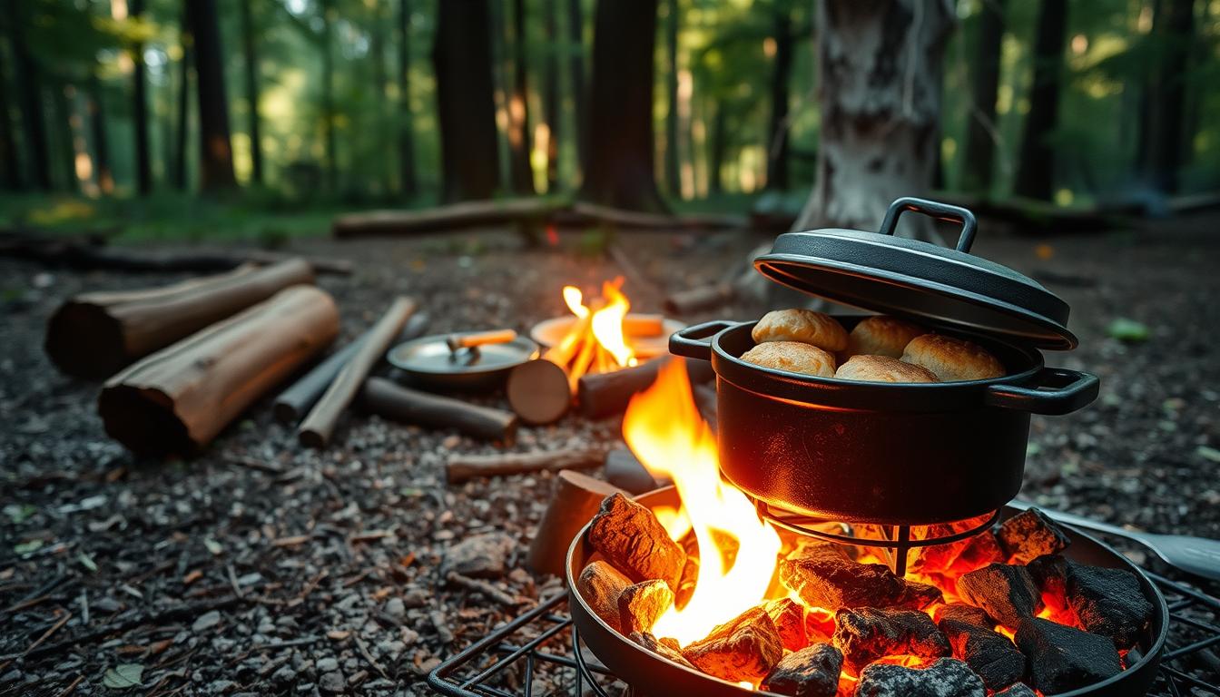 portable cooking appliances Dutch oven setup with wood coals