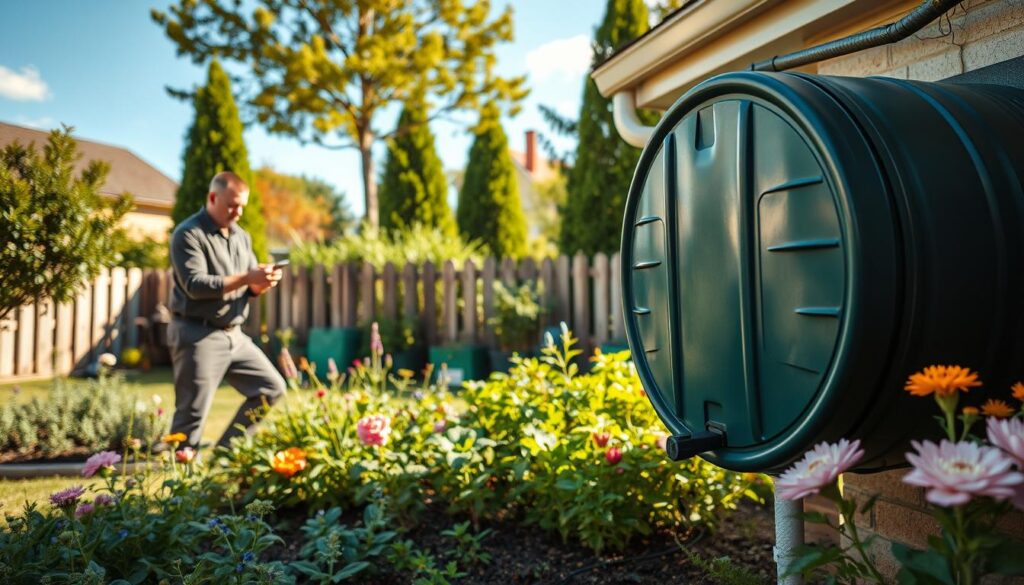 rain barrel installation in residential garden