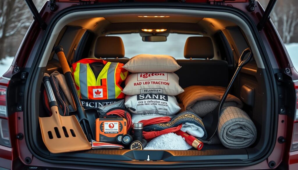 winter emergency kit supplies organized in a vehicle trunk