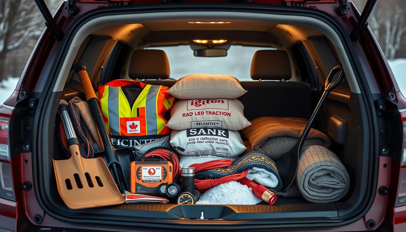 winter emergency kit supplies organized in a vehicle trunk
